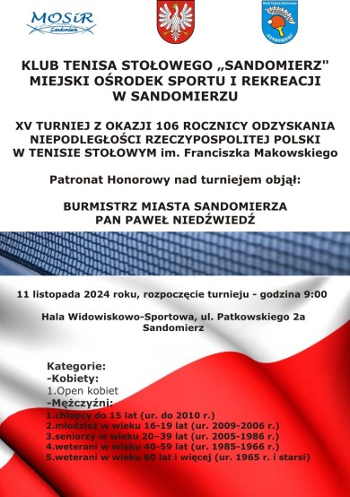 Zdjęcie XV Turniej z okazji 106 rocznicy odzyskania niepodległości RP w tenisie stołowym im. Franciszka Makowskiego